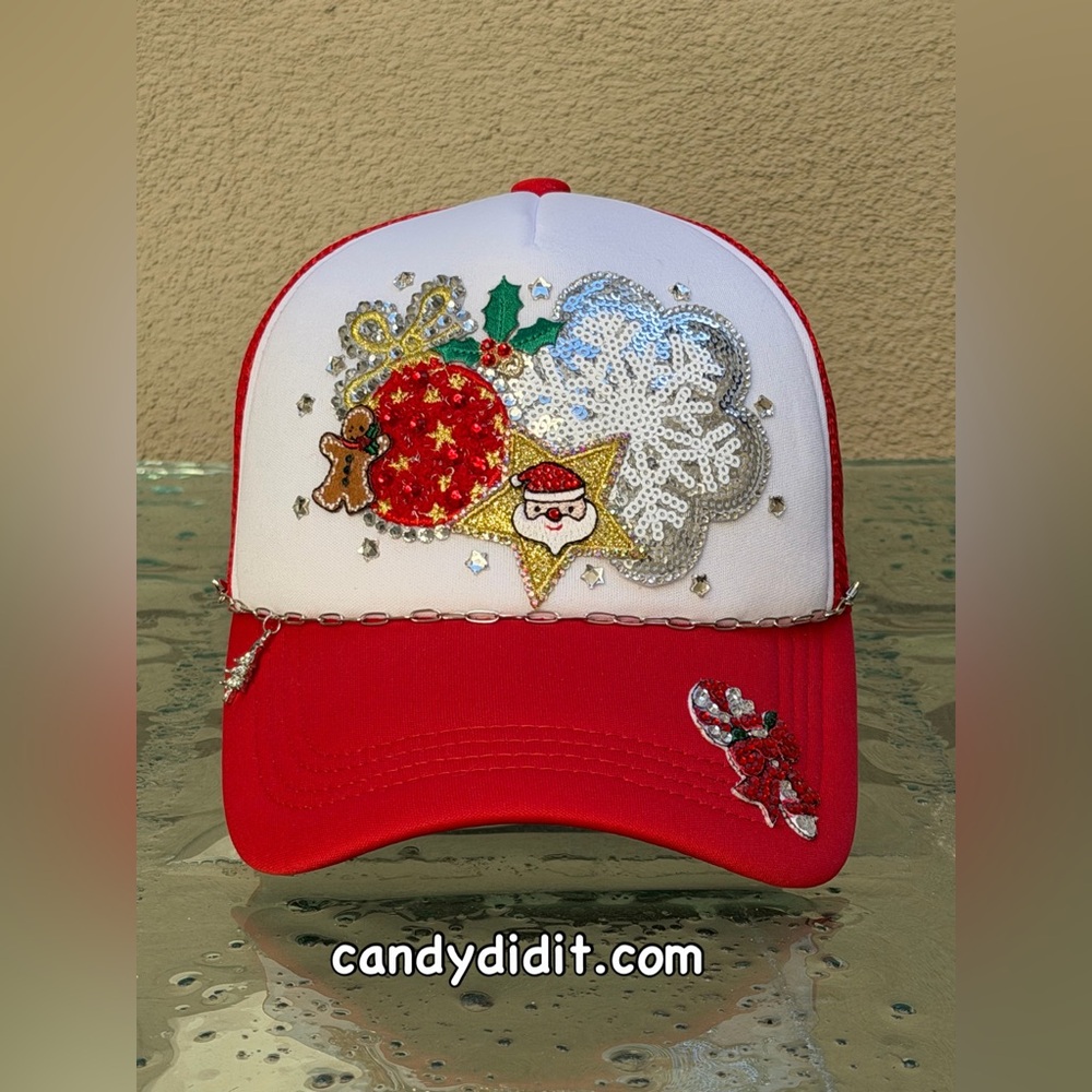NWT Handmade Christmas Collage Bling Red and White  Trucker Hat